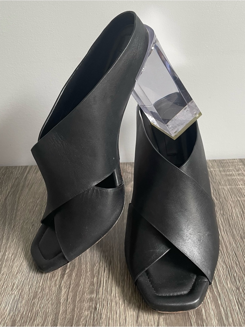 BCBGMaxAzria Black Leather Crisscross Mule Sandals with Clear Block Heel
